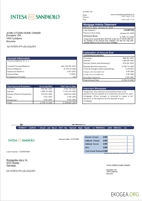 Slovénie Relevé hypothécaire de la banque Intesa Sanpaolo aux formats Word et PDF